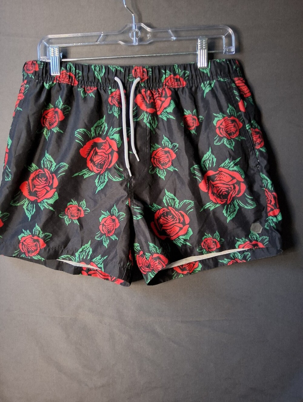 Empyre Black Swim Trunks with Red Floral Accents